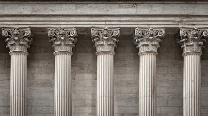 Symmetrical row of stone columns with ornate capitals, fluted shafts lit gently by daylight, neutral background enhances form