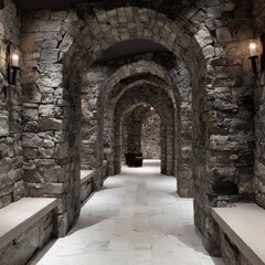Stone archway corridor with marble floor