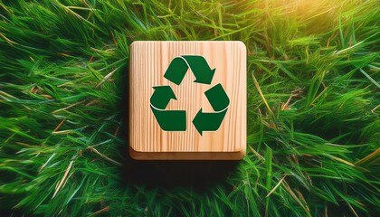 recycle symbol on wood block sustainable concept green grass background