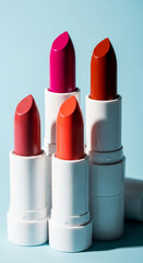 Four lipsticks in pink, red, and orange shades, arranged on a light-blue background. Showcase of color variety, ideal for cosmetic product displays or advertising