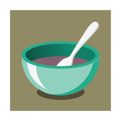 Teal bowl with purple liquid and spoon on brown background