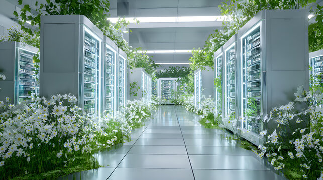 Green computing concept, server room hosting sustainable technology with flowers and plants