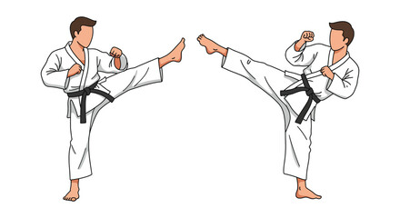 Two Karate Athletes Performing Front Kick Techniques in Traditional Uniforms
