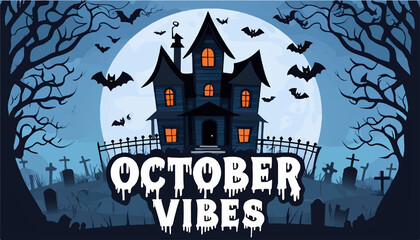 Halloween haunted house spooky october vibes bats graveyard moon trees creepy night sky