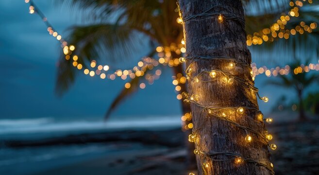 Palm tree lit by string lights at dusk
