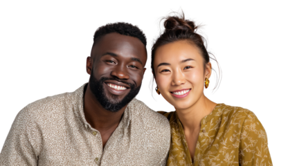 Radiant Unity: A close-up shot of a diverse couple, a heartwarming portrait of love and togetherness, perfectly captured against a soft, warm backdrop.