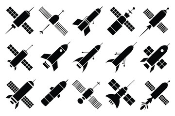 Vector art of collection of black satellite and rocket silhouettes for space exploration and technology concepts around 133 characters