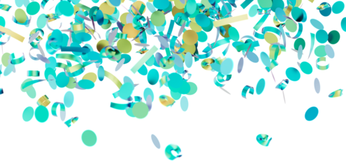 Beautiful teal and gold confetti falling on white background. Perfect for party invitations, banners, and more!