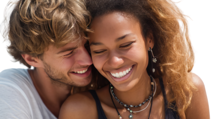 Eternal Sunshine of Love: A tender moment captured between a loving couple, their faces lit with radiant smiles and genuine affection, showcasing the purest essence of companionship and connection.