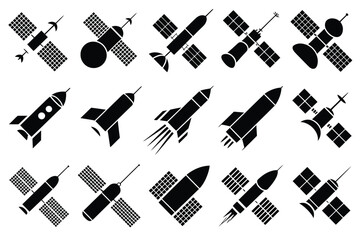 Vector art of set of black silhouettes of satellites and rockets for space exploration and technology concepts around 133 characters