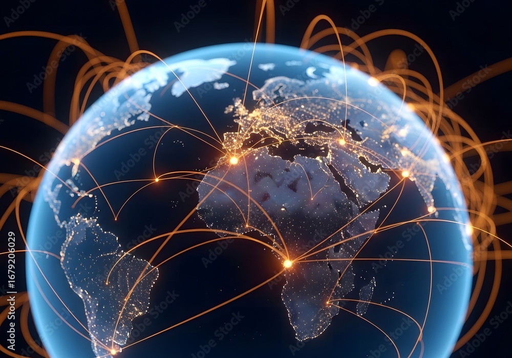 Poster global network connections illuminating the earth with digital data streams and interconnectedness