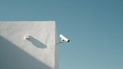 Fototapeta premium Security camera on a white building against a clear sky