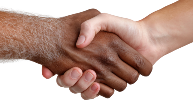Handshake of Unity: A symbolic handshake showcasing the merging of cultures, races, and partnership, reflecting trust and agreement.