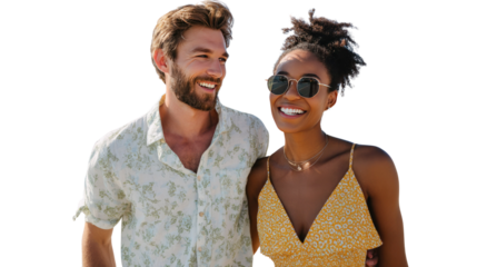 Happy Couple Walking Together: A sun-kissed scene of a cheerful couple walking along together, the shared joy of their walk in a radiant celebration of life.
