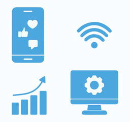 Social media, smartphone, communication, internet, web, graphic, network, economy, marketing. Tech, computer, data, analysis, work, market, business, server. Set, icon, vector