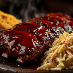 Barbecue Ribs with Smoky Glaze, Coleslaw, and Cornbread in Restaurant Style