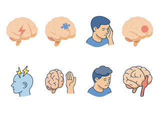 This image is a set of medical illustrations representing neurological and mental health conditions including aneurysm, brain tumor, Alzheimer’s, stroke, depression, Parkinson’s, epilepsy, and migrain