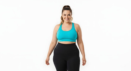 Obraz premium Smiling woman wearing a turquoise sports bra and black leggings poses against a white background.