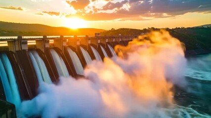 Hydroelectric Dam at Sunset: Water Release and Power Generation