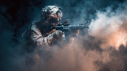 army soldier firing machine gun heavy smoke dramatic background
