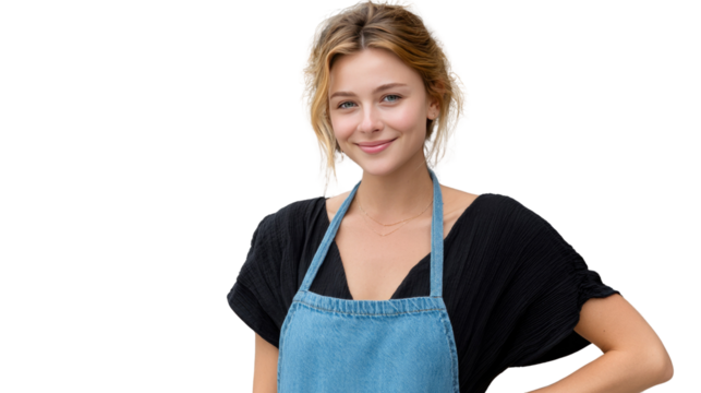 Smiling Woman Wearing Apron: A young woman, full of confidence, models an apron, a testament to skill, grace, and dedicated service, embodying the spirit of culinary passion and commitment.