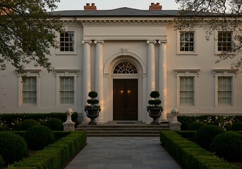 Grand mansion facade with symmetrical design, manicured garden, and topiaries