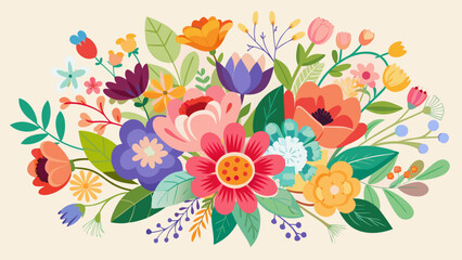 Vector art of a beautiful floral arrangement with various flowers, leaves, and branches, perfect for spring or summer designs, creating a vibrant and colorful scene