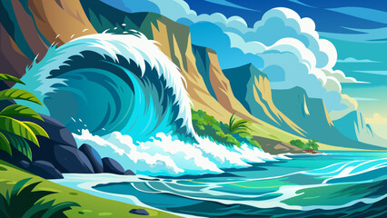 Vector art of a vibrant cartoon illustration of a large wave crashing on a tropical island coast with mountains and lush vegetation under a bright sky