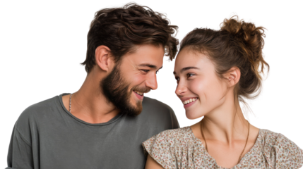 Love's Gentle Gaze: A tender moment captured between a smiling man and woman, their eyes locked in mutual affection, evoking a sense of serene intimacy and connection.