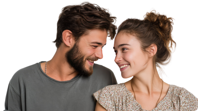 Love's Gentle Gaze: A tender moment captured between a smiling man and woman, their eyes locked in mutual affection, evoking a sense of serene intimacy and connection.