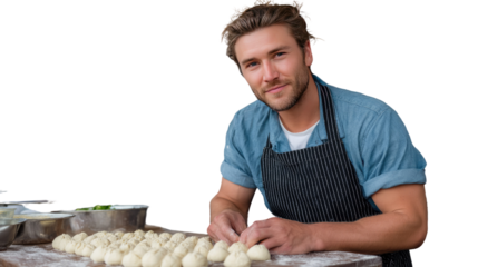 Artisan Crafted Culinary Expertise: A skilled chef, with a welcoming smile, meticulously crafts handmade dough, the focal point of his passion, showcasing expertise in culinary artistry. 