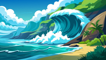 Vector art of a picturesque tropical island view with a large wave curling towards the beach, showcasing lush hills, palm trees, and a serene coastline