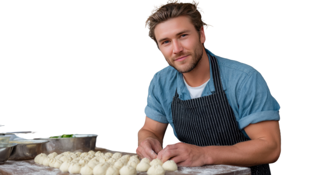 Artisan Crafted Culinary Expertise: A skilled chef, with a welcoming smile, meticulously crafts handmade dough, the focal point of his passion, showcasing expertise in culinary artistry. 