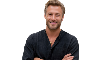 Radiant Smile: A handsome man radiates genuine joy with a friendly smile, a portrait that captures happiness and approachability, perfect for themes of positivity. 