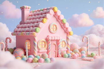Candy pastel house fantasy sweet whimsical clouds lollipop dream landscape create magical pastel candy house surrounded by fluffy clouds lollipops and candy canes in dreamy fantasy landscape