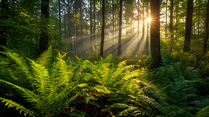 Sunbeams lighting lush ferns in misty forest at sunrise