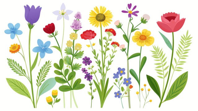 Vector art of watercolor floral illustration with various flowers, leaves, and branches for spring and summer designs