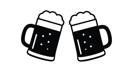 Two Beer Mugs Toasting in Black and White Line Art Illustration