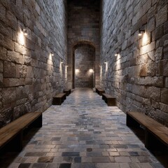 Stone corridor with arched doorway and benches