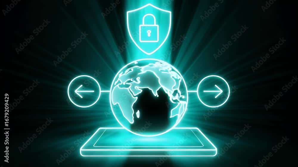 Poster digital shield: a neon glow illustration representing global data security, with a stylized globe re