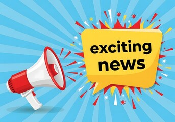 Announcing exciting news with a megaphone and bursting speech bubble on a vibrant blue background