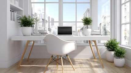 Modern minimalist home office with city view promoting productivity and creativity