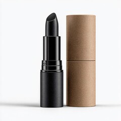 Sophisticated black lipstick paired with a minimalist brown cardboard tube, isolated on white background, ideal for showcasing beauty and cosmetic products with a modern aesthetic