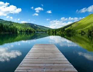 tranquil wooden dock leading to serene mountain lake reflecting green hills and blue sky