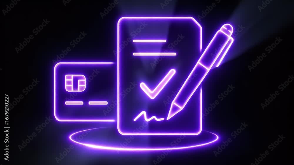 Aufkleber neon transaction: a digital rendering showcasing a credit card and document with checkmark symbolizi