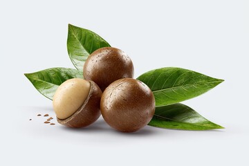 Three macadamia nuts with leaves