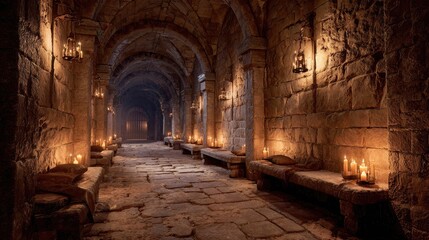 Fototapeta premium Stone corridor with arched ceiling and candlelight