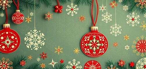 Whimsical folk art style Christmas background featuring handcrafted ornaments, snowflake patterns, and festive textures,  ornaments,  retro