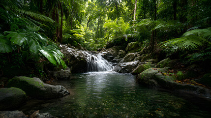 Fototapeta premium Tropical waterfall flowing into tranquil pond in lush rainforest