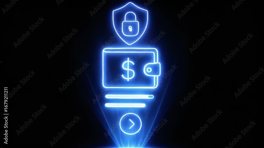 Poster digital wallet security illustration: a dynamic, neon-lit depiction of a digital wallet, seamlessly 
